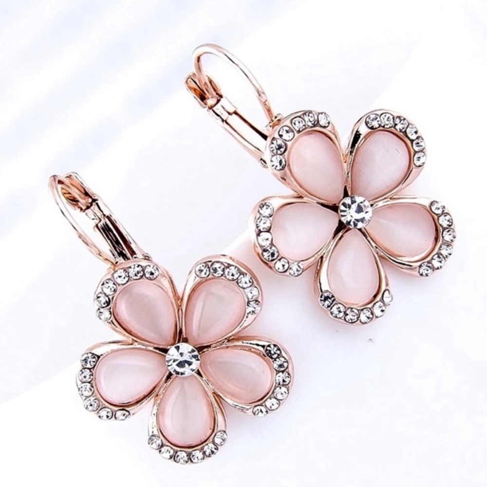 Pearlescent Pink Petal/Crystal Rose Gold Earrings - Picture 2 of 8